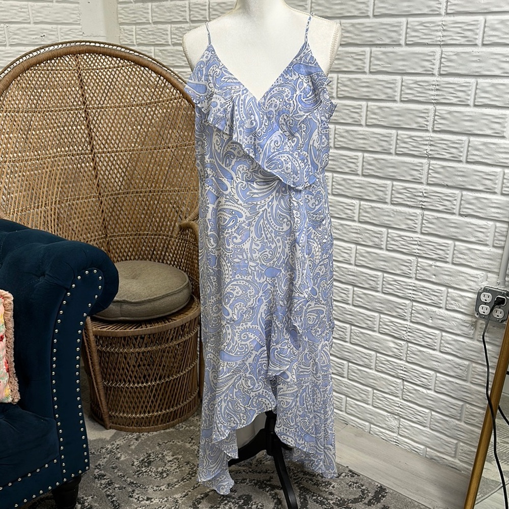 Express Blue and White Asymmetrical Ruffled Sundress